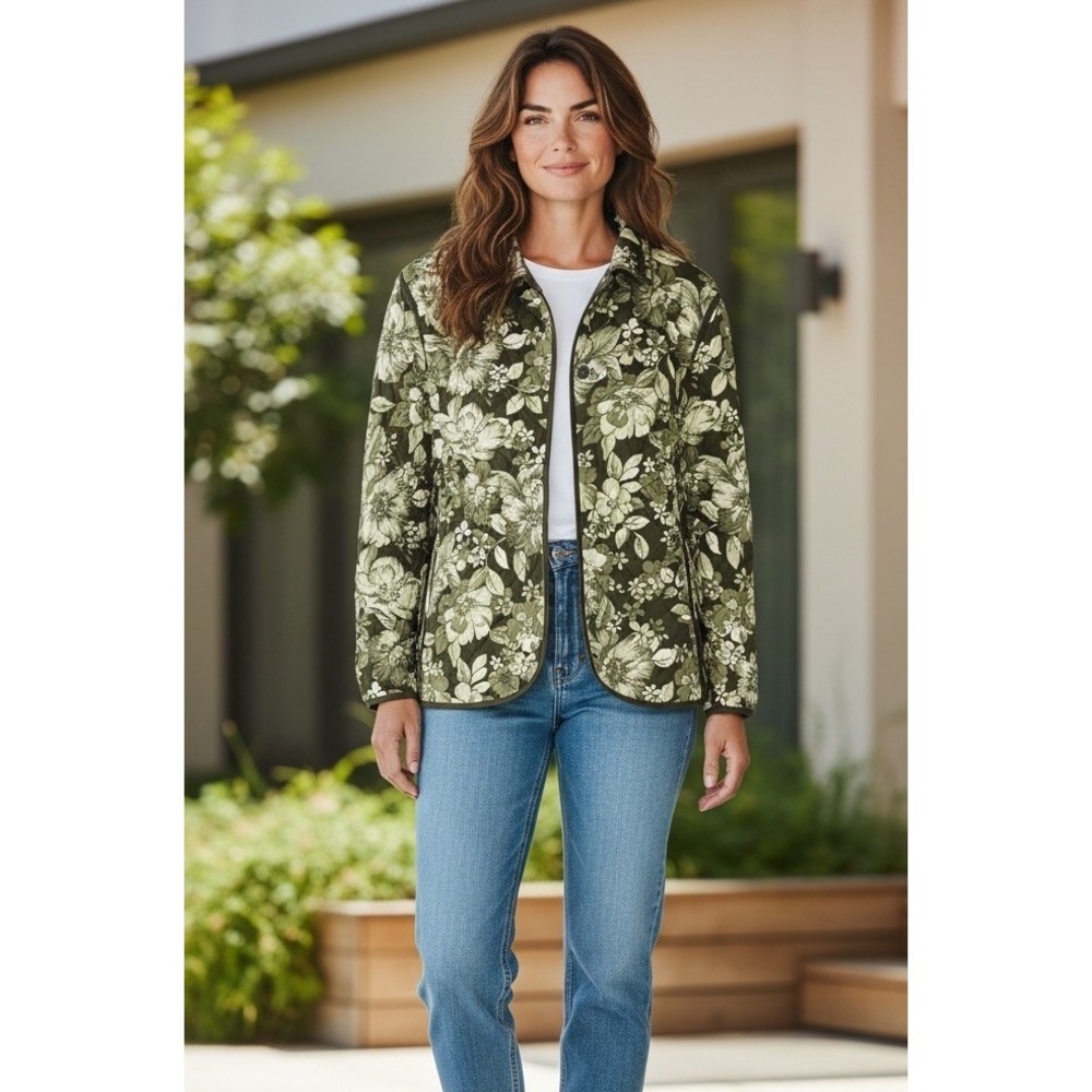 Susan Graver Style Green Floral Quilted Reversible Long Sleeve Jacket Size XL